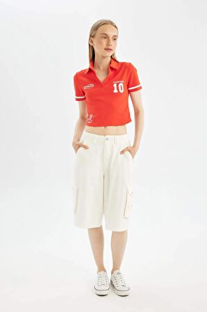 DeFacto Coool Fitted Polo Yaka Baskılı Ribana Kısa Kollu Tişört D1419AX24SMRD44