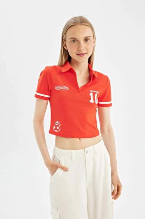 DeFacto Coool Fitted Polo Yaka Baskılı Ribana Kısa Kollu Tişört D1419AX24SMRD44