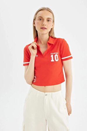 DeFacto Coool Fitted Polo Yaka Baskılı Ribana Kısa Kollu Tişört D1419AX24SMRD44
