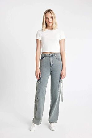 DeFacto Wide Leg Kargo Yüksek Bel Uzun Yumuşak Jean Yıkamalı Pantolon C9325AX24HSNM39