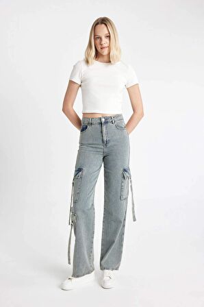 DeFacto Wide Leg Kargo Yüksek Bel Uzun Yumuşak Jean Yıkamalı Pantolon C9325AX24HSNM39
