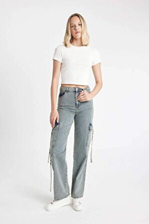 DeFacto Wide Leg Kargo Yüksek Bel Uzun Yumuşak Jean Yıkamalı Pantolon C9325AX24HSNM39