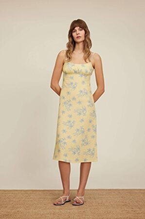 A Kesim Askılı Floral Keten Askılı Midi Elbise