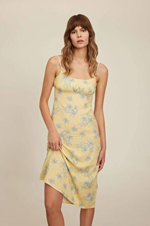 A Kesim Askılı Floral Keten Askılı Midi Elbise