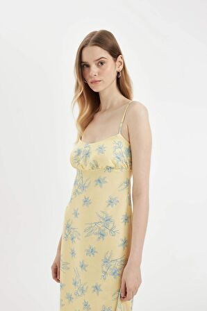 A Kesim Askılı Floral Keten Askılı Midi Elbise