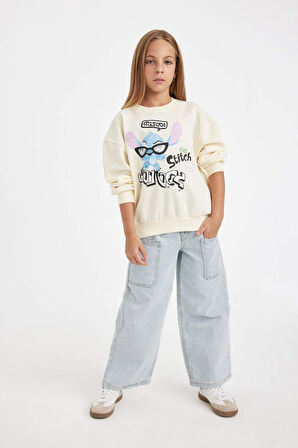 DeFacto Kız Çocuk Disney Lilo & Stitch Relax Fit Bisiklet Yaka Sweatshirt C9516A824AUER99