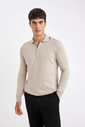 DeFacto Standart Fit Normal Kesim Fermuarlı Polo Yaka Triko Kazak D0621AX24AUBG684