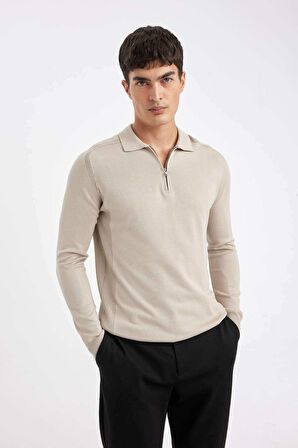 DeFacto Standart Fit Normal Kesim Fermuarlı Polo Yaka Triko Kazak D0621AX24AUBG684