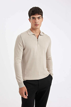 DeFacto Standart Fit Normal Kesim Fermuarlı Polo Yaka Triko Kazak D0621AX24AUBG684