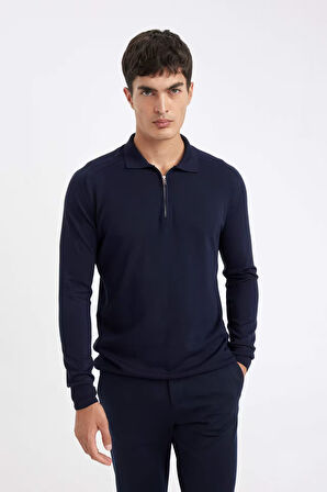 DeFacto Lacivert Standart Fit Normal Kesim Fermuarlı Polo Yaka Triko Kazak D0621AX24AUNV135