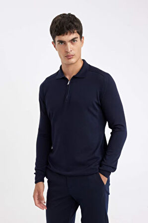 DeFacto Lacivert Standart Fit Normal Kesim Fermuarlı Polo Yaka Triko Kazak D0621AX24AUNV135