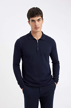 DeFacto Lacivert Standart Fit Normal Kesim Fermuarlı Polo Yaka Triko Kazak D0621AX24AUNV135