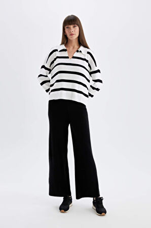 DeFacto Triko Pantolon Flare Fit Geniş Paça Basic Düz Beli Lastikli T8004AZ24WNBK27