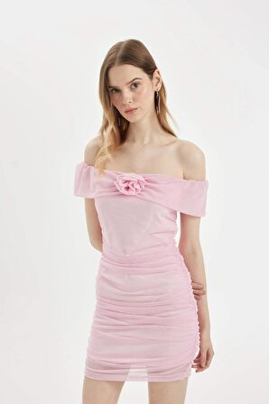 DeFacto Bodycon Omuzu Açık Pembe Tül Mini Elbise C8966AX24SMPN614