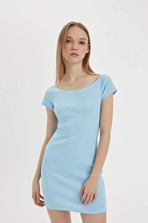 DeFacto Coool Bodycon Vücuda Oturan Kayık Yaka Basic Düz Fitilli Kaşkorse Kısa Kollu Mini Elbise A7362AX24SMBE744
