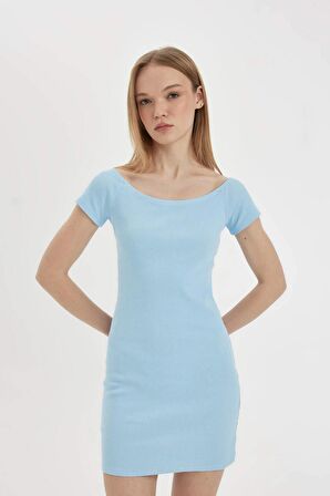 DeFacto Coool Bodycon Vücuda Oturan Kayık Yaka Basic Düz Fitilli Kaşkorse Kısa Kollu Mini Elbise A7362AX24SMBE744