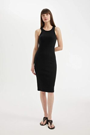 DeFacto Bodycon Halter Yaka Fitilli Kaşkorse Basic Düz Kolsuz Midi Elbise U8106AZ24SMBK81
