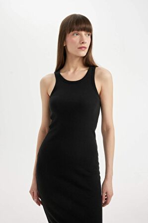 DeFacto Bodycon Halter Yaka Fitilli Kaşkorse Basic Düz Kolsuz Midi Elbise U8106AZ24SMBK81