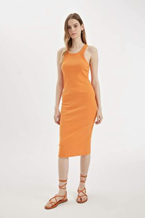 DeFacto Bodycon Halter Yaka Fitilli Kaşkorse Basic Düz Kolsuz Midi Elbise U8106AZ24SMOG341