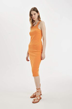 DeFacto Bodycon Halter Yaka Fitilli Kaşkorse Basic Düz Kolsuz Midi Elbise U8106AZ24SMOG341