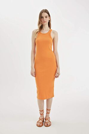 DeFacto Bodycon Halter Yaka Fitilli Kaşkorse Basic Düz Kolsuz Midi Elbise U8106AZ24SMOG341