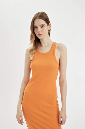 DeFacto Bodycon Halter Yaka Fitilli Kaşkorse Basic Düz Kolsuz Midi Elbise U8106AZ24SMOG341
