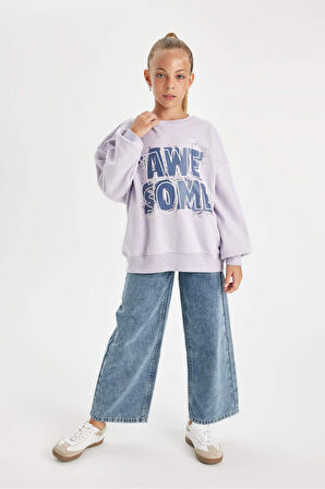 DeFacto Kız Çocuk Oversize Geniş Kalıp Bisiklet Yaka Baskılı Sweatshirt D2880A824WNPR77
