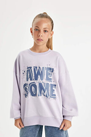 DeFacto Kız Çocuk Oversize Geniş Kalıp Bisiklet Yaka Baskılı Sweatshirt D2880A824WNPR77