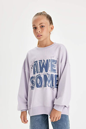 DeFacto Kız Çocuk Oversize Geniş Kalıp Bisiklet Yaka Baskılı Sweatshirt D2880A824WNPR77