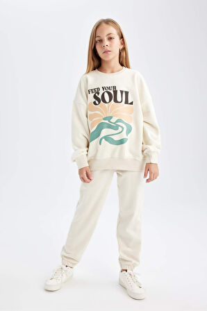 DeFacto Kız Çocuk Oversize Geniş Kalıp Bisiklet Yaka Baskılı Sweatshirt D2880A824WNBG734