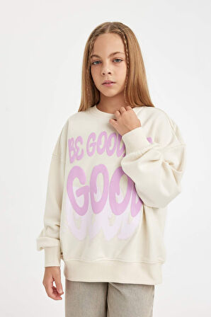 DeFacto Kız Çocuk Oversize Geniş Kalıp Bisiklet Yaka Baskılı Sweatshirt D2880A824WNER233