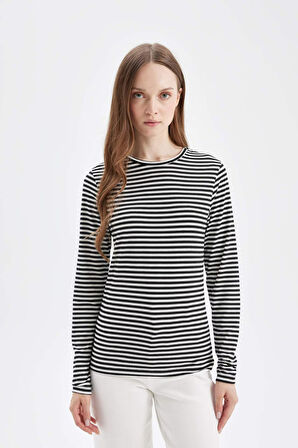 DeFacto Bisiklet Yaka Çizgili Uzun Kollu Tişört D5492AX24AUBK81