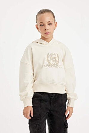 DeFacto Kız Çocuk Ekru Oversize Geniş Kalıp Kapüşonlu İşlemeli Kalın Sweatshirt D2885A824WNER233
