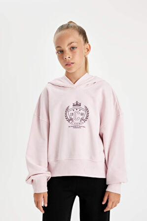 DeFacto Kız Çocuk Oversize Geniş Kalıp Kapüşonlu İşlemeli Kalın Sweatshirt D2885A824WNPN440