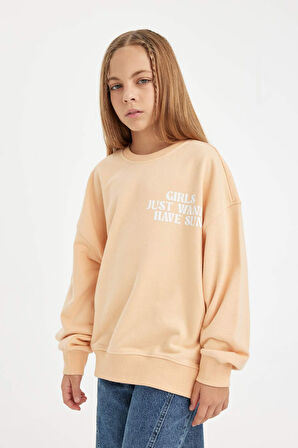 DeFacto Kız Çocuk Oversize Geniş Kalıp Bisiklet Yaka Sırt Baskılı Sweatshirt D3805A824WNOG294