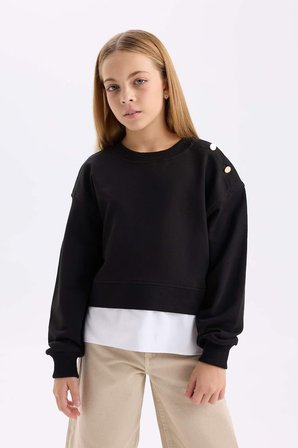 DeFacto Relax Fit Bisiklet Yaka Etek Ucu Detaylı Sweatshirt Kız Çocuk D0703A824AUBK81