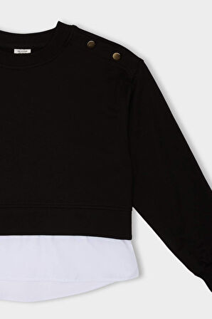 DeFacto Kız Çocuk Relax Fit Bisiklet Yaka Etek Ucu Detaylı Sweatshirt D0703A824AUBK81