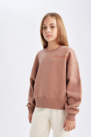 DeFacto Kız Çocuk Relax Fit Bisiklet Yaka Baskılı Sweatshirt D2886A824WNBN569