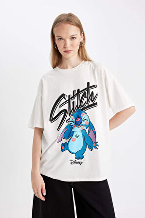 DeFacto Coool Disney Lilo & Stitch Oversize Fit Bisiklet Yaka Kısa Kollu Tişört D4819AX24AUWT32