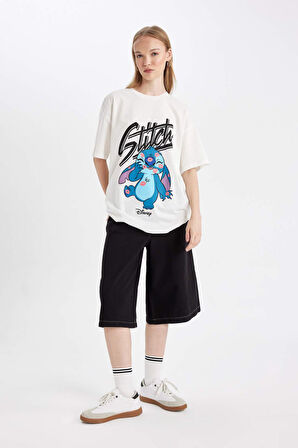 DeFacto Coool Disney Lilo & Stitch Oversize Fit Bisiklet Yaka Kısa Kollu Tişört D4819AX24AUWT32