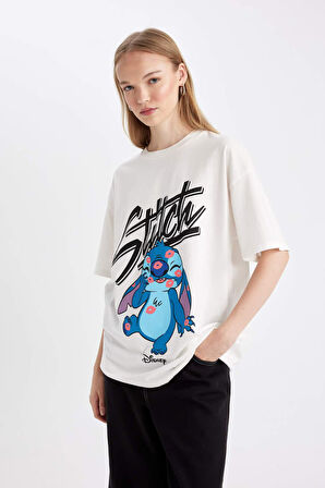 DeFacto Coool Disney Lilo & Stitch Oversize Fit Bisiklet Yaka Kısa Kollu Tişört D4819AX24AUWT32