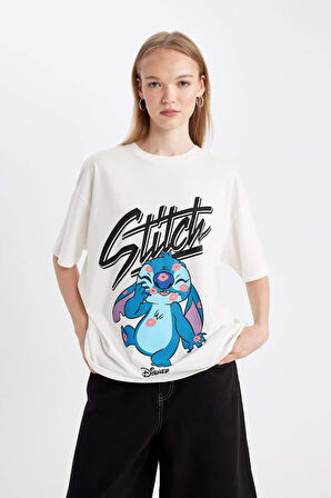 DeFacto Coool Disney Lilo & Stitch Oversize Fit Bisiklet Yaka Kısa Kollu Tişört D4819AX24AUWT32