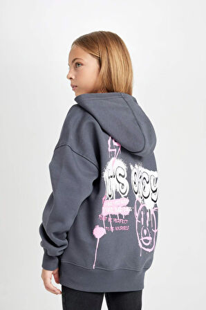 DeFacto Kız Çocuk Oversize Geniş Kalıp Sırt Baskılı Kapüşonlu Sweatshirt D2881A824WNAR31