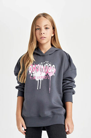 DeFacto Kız Çocuk Oversize Geniş Kalıp Sırt Baskılı Kapüşonlu Sweatshirt D2881A824WNAR31