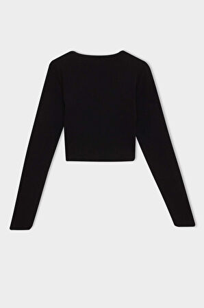 DeFacto Kız Çocuk Slim Fit Dar Kesim Bisiklet Yaka Fitilli Kaşkorse Uzun Kollu Siyah Tişört D0705A824AUBK81
