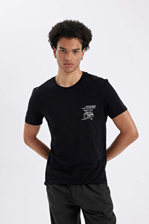 DeFacto Siyah Slim Fit Dar Kesim Bisiklet Yaka Baskılı Pamuklu Kısa Kollu Tişört C2132AX24AUBK81