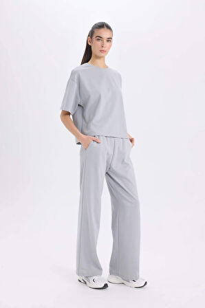 Wide Leg Geniş Bol Paça Eşofman Altı Beli Lastikli Cepli Basic Düz