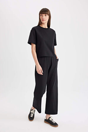 DeFacto Wide Leg   Geniş Paça Eşofman Altı Beli Lastikli Cepli Basic Düz Siyah D3759AX24AUBK81