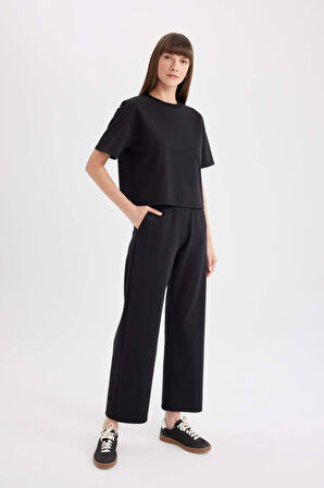 DeFacto Wide Leg   Geniş Paça Eşofman Altı Beli Lastikli Cepli Basic Düz Siyah D3759AX24AUBK81