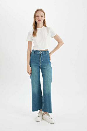 DeFacto Culotte Yüksek Bel Kısa Geniş Paça Bilek Boy Jean Yıkamalı Pantolon D4328AX24AUNM85